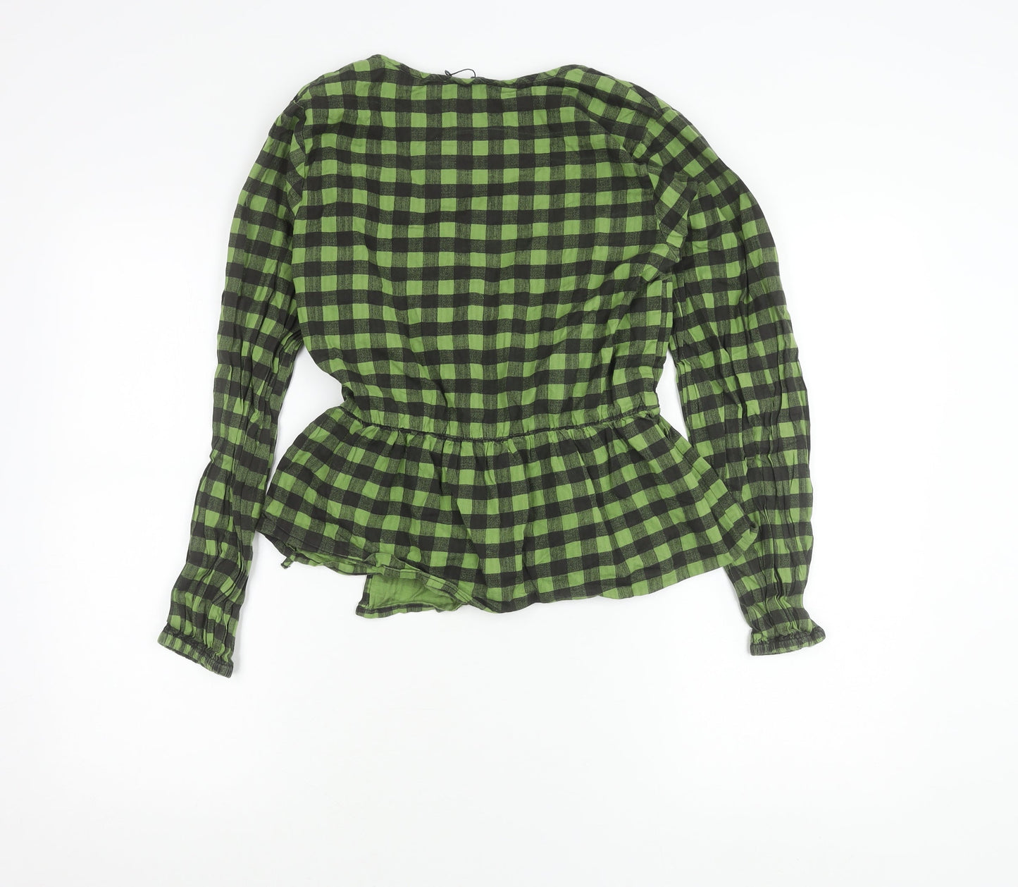 Nasty Gal Women’s Green Check Wrap Blouse Size 8 Long Sleeve