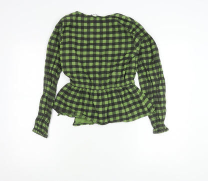 Nasty Gal Women’s Green Check Wrap Blouse Size 8 Long Sleeve