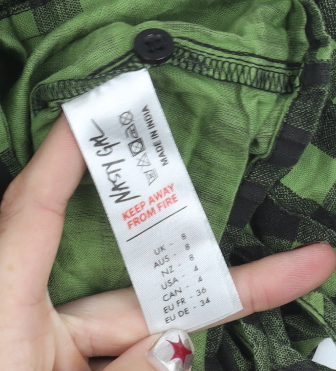 Nasty Gal Women’s Green Check Wrap Blouse Size 8 Long Sleeve