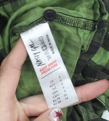 Nasty Gal Women’s Green Check Wrap Blouse Size 8 Long Sleeve