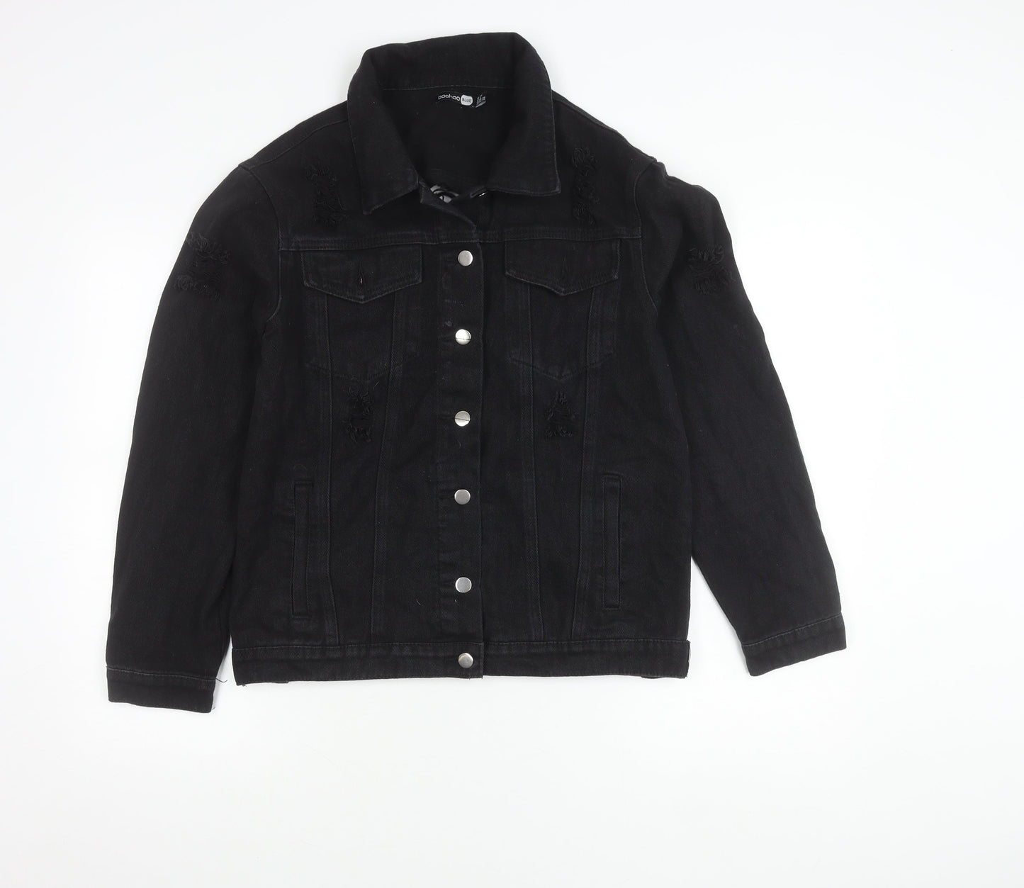 Boohoo Women Black Size 10 Denim Jacket Distressed Button Casual