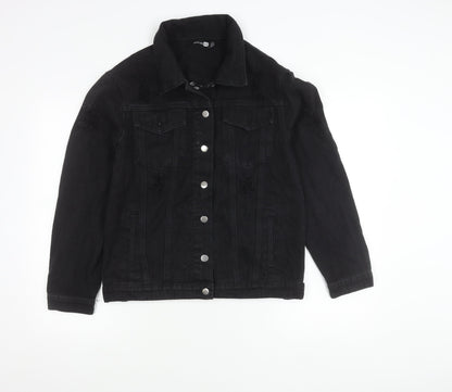 Boohoo Women Black Size 10 Denim Jacket Distressed Button Casual