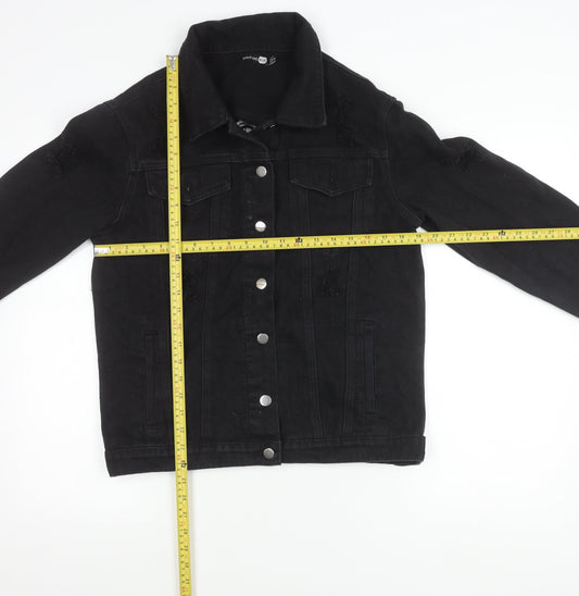 Boohoo Women Black Size 10 Denim Jacket Distressed Button Casual
