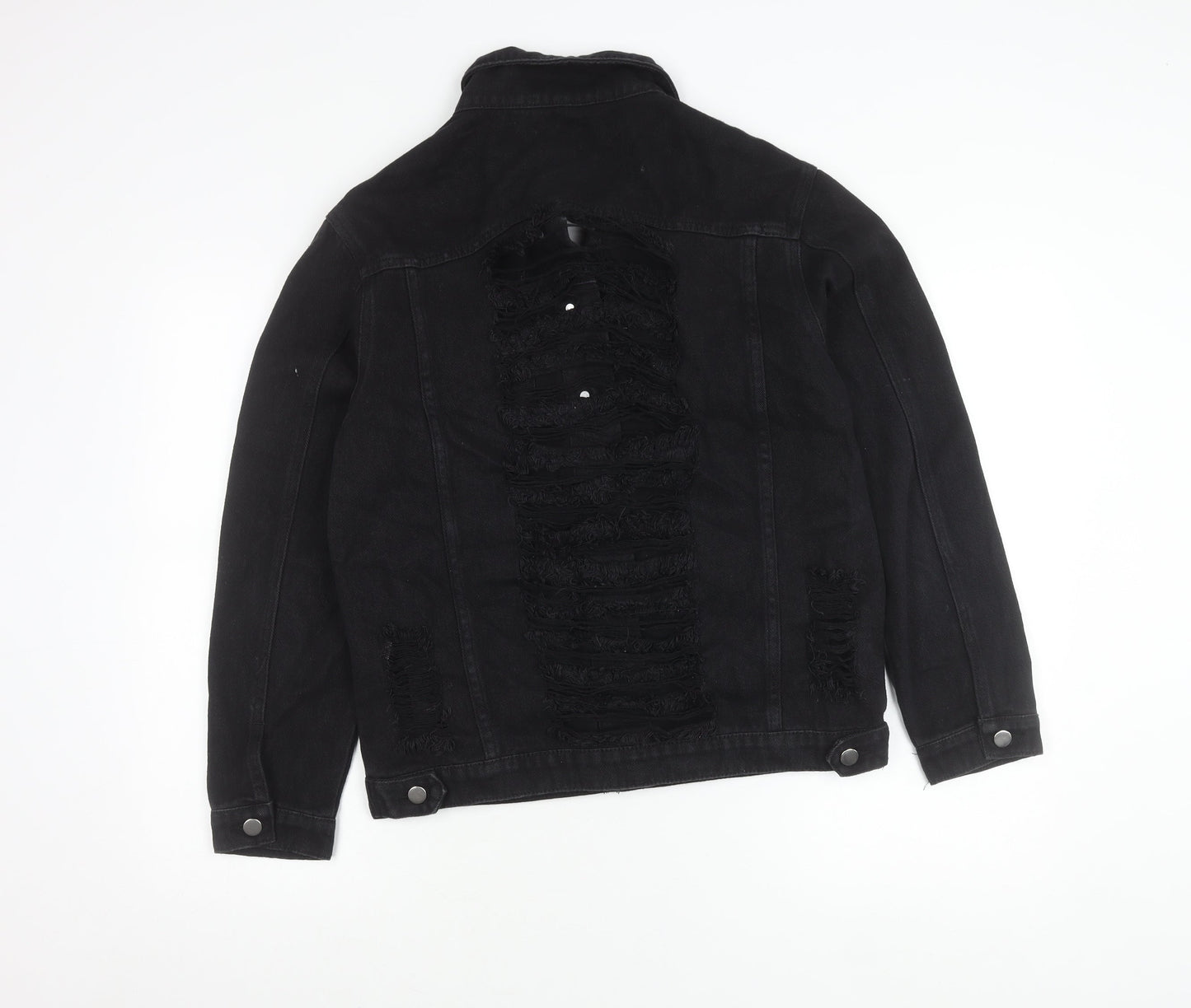 Boohoo Women Black Size 10 Denim Jacket Distressed Button Casual