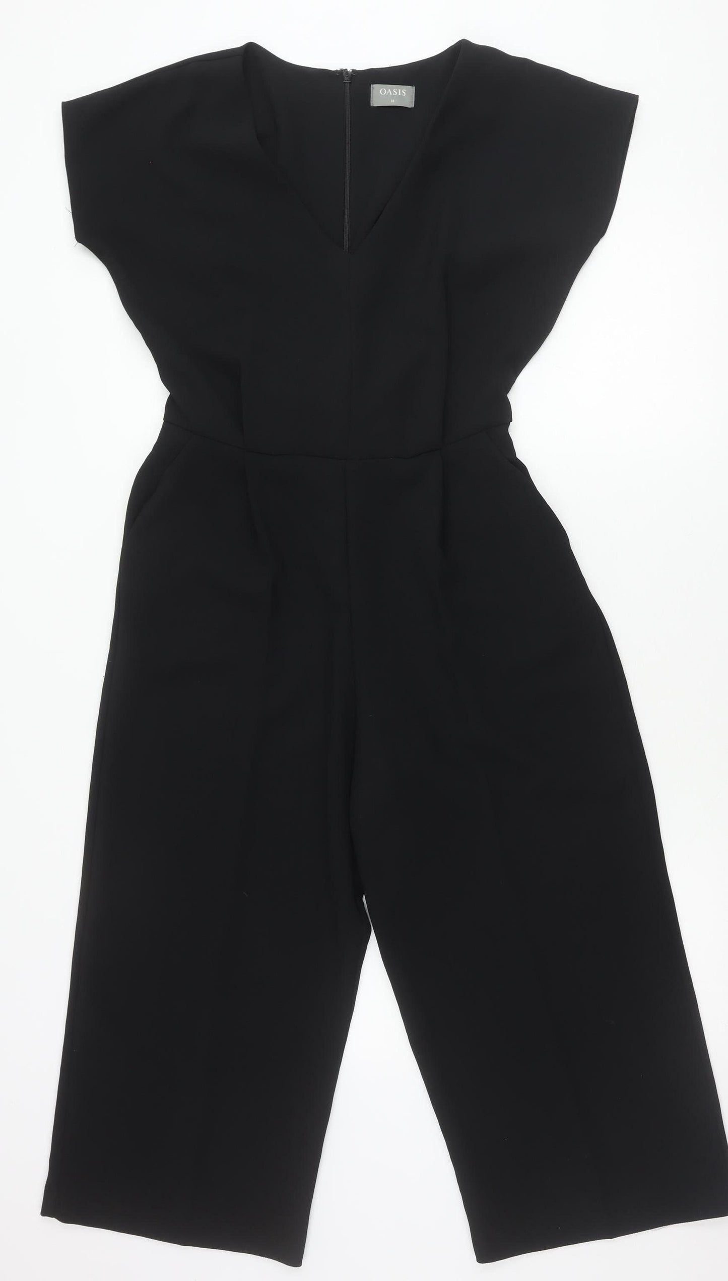 Oasis Womens Black Jumpsuit Size 10 Wide Leg Sleeveless Belted V-Neck