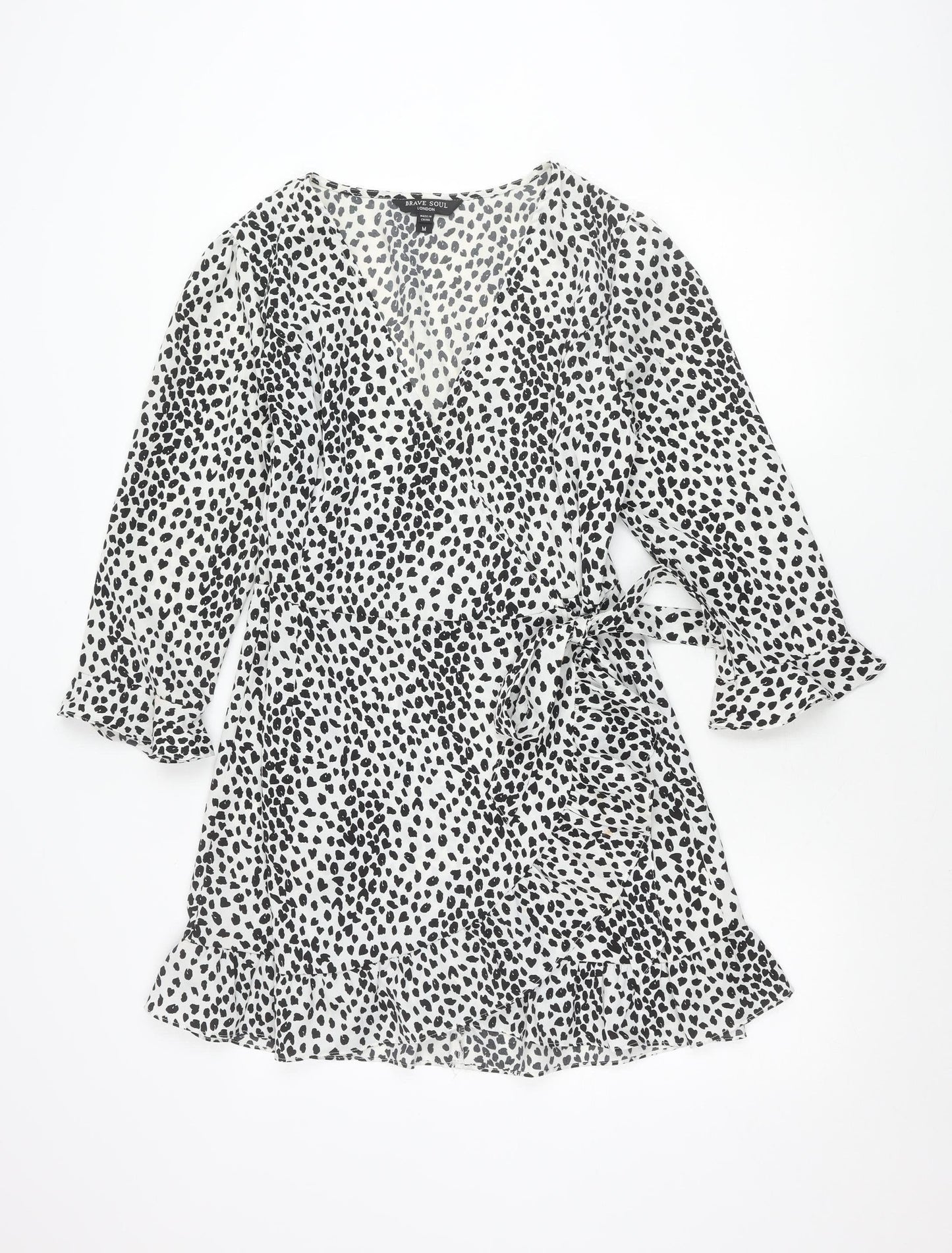 Brave Soul Women’s White Animal Print Wrap Dress Size M Long Sleeve