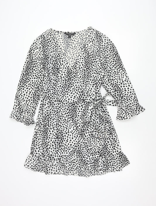 Brave Soul Women’s White Animal Print Wrap Dress Size M Long Sleeve