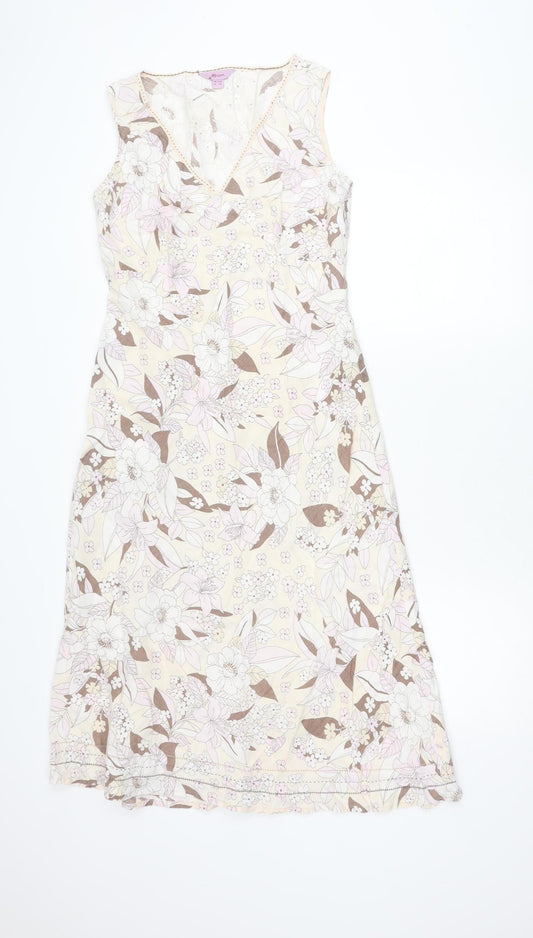 Monsoon Women’s Beige Floral Linen Sleeveless A-Line Dress UK 12
