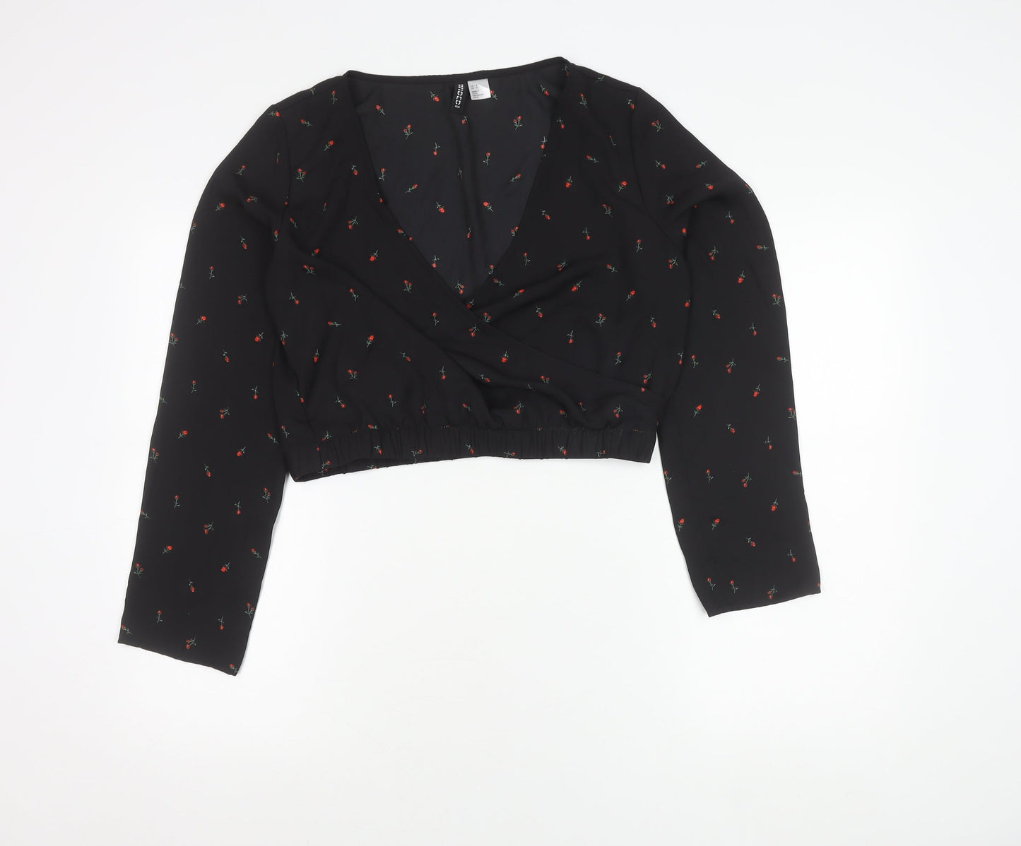 Womens UK Size 12 H&M Black Cropped Wrap Blouse