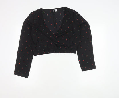 Womens UK Size 12 H&M Black Cropped Wrap Blouse