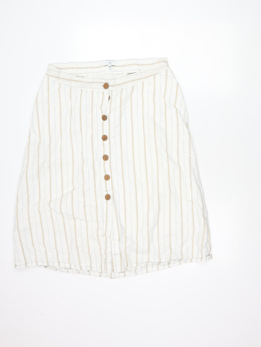 La Redoute Women’s White Striped Button Skirt Size 14 Linen Blend