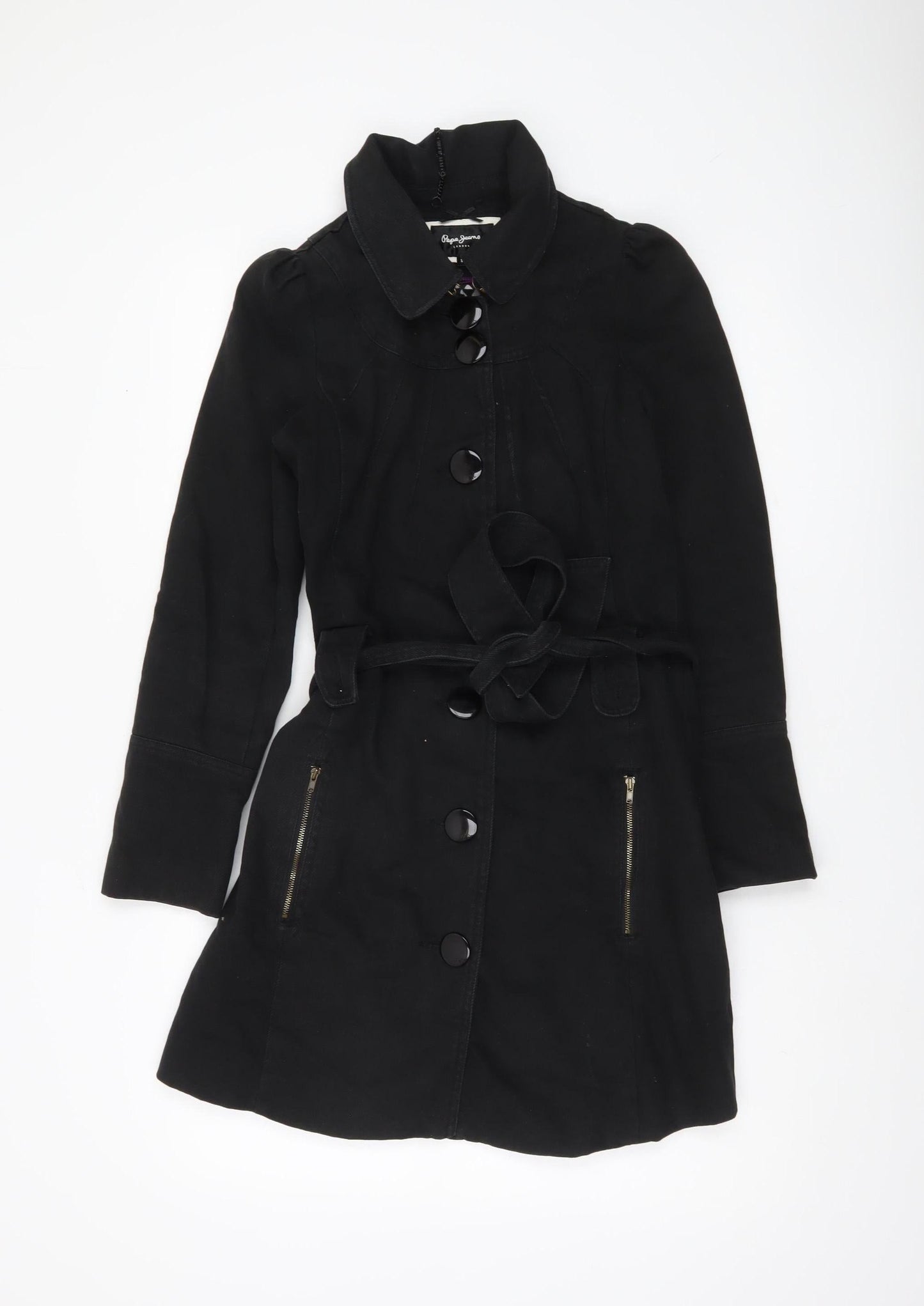 Pepe Jeans Women’s Black Trench Coat Size S Cotton Belted