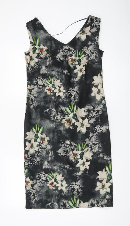 H.M.K London Women’s Black Floral Bodycon Dress Size 10 Knee Length