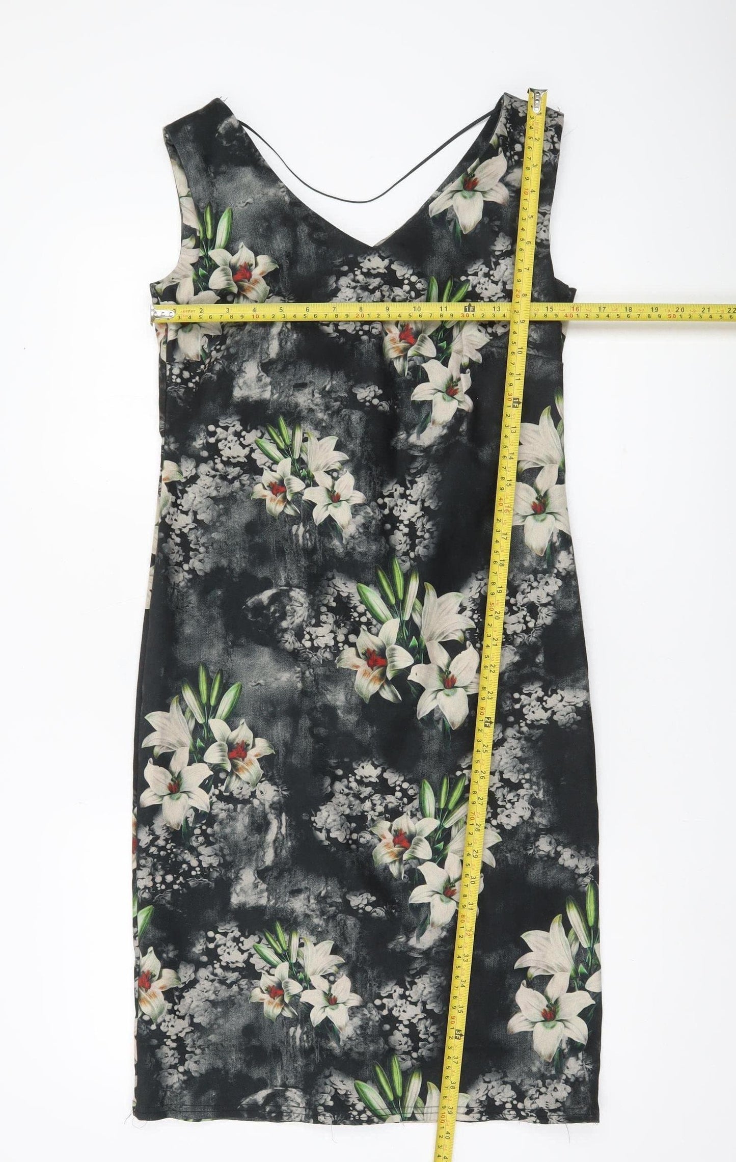 H.M.K London Women’s Black Floral Bodycon Dress Size 10 Knee Length