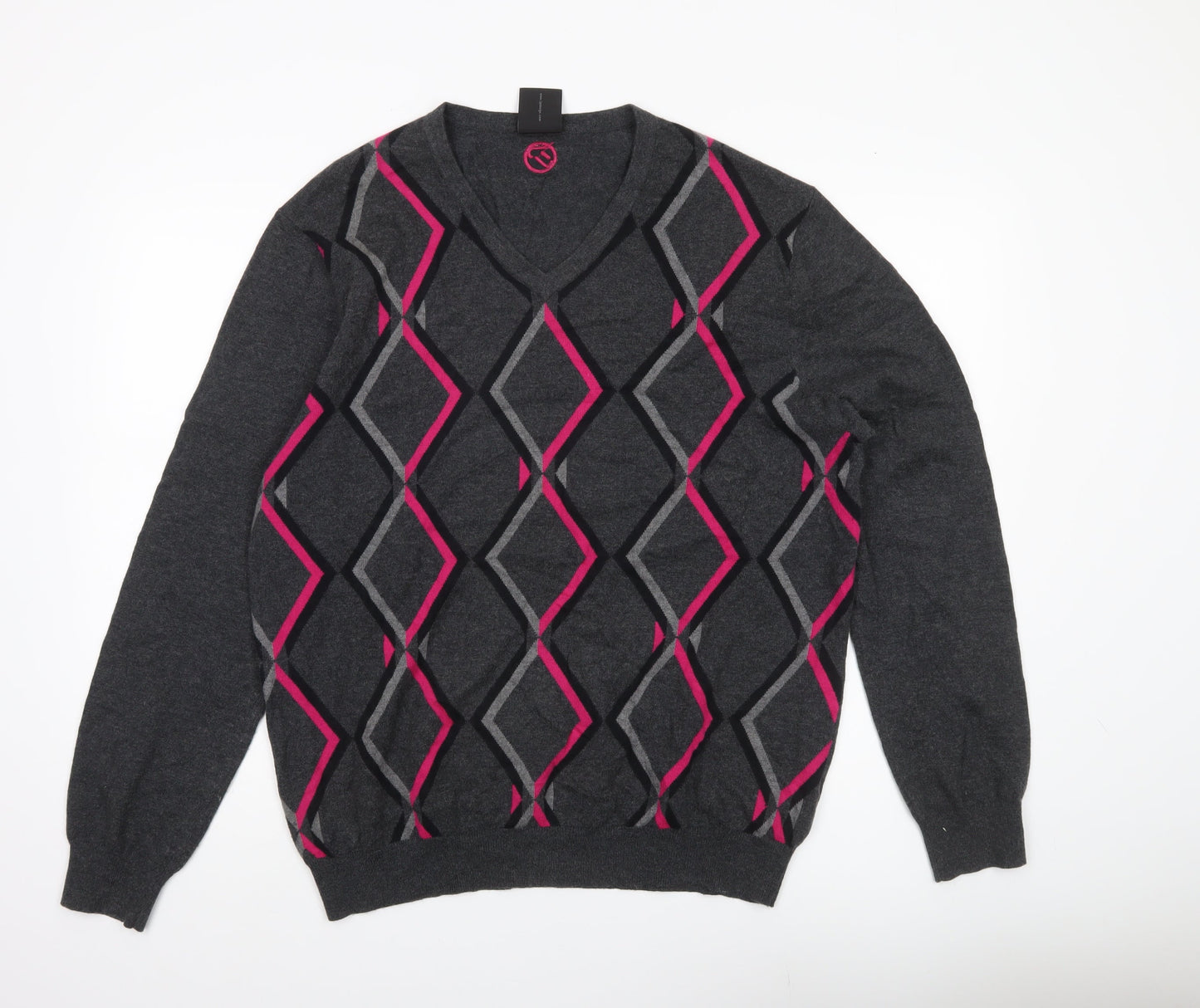 IJP Design Mens Grey XL V-Neck Argyle Pullover Jumper