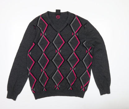 IJP Design Mens Grey XL V-Neck Argyle Pullover Jumper