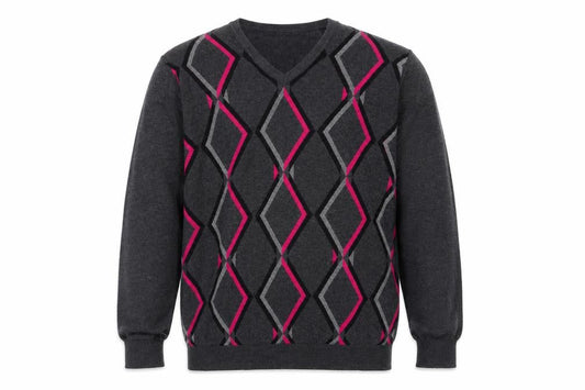 IJP Design Mens Grey XL V-Neck Argyle Pullover Jumper