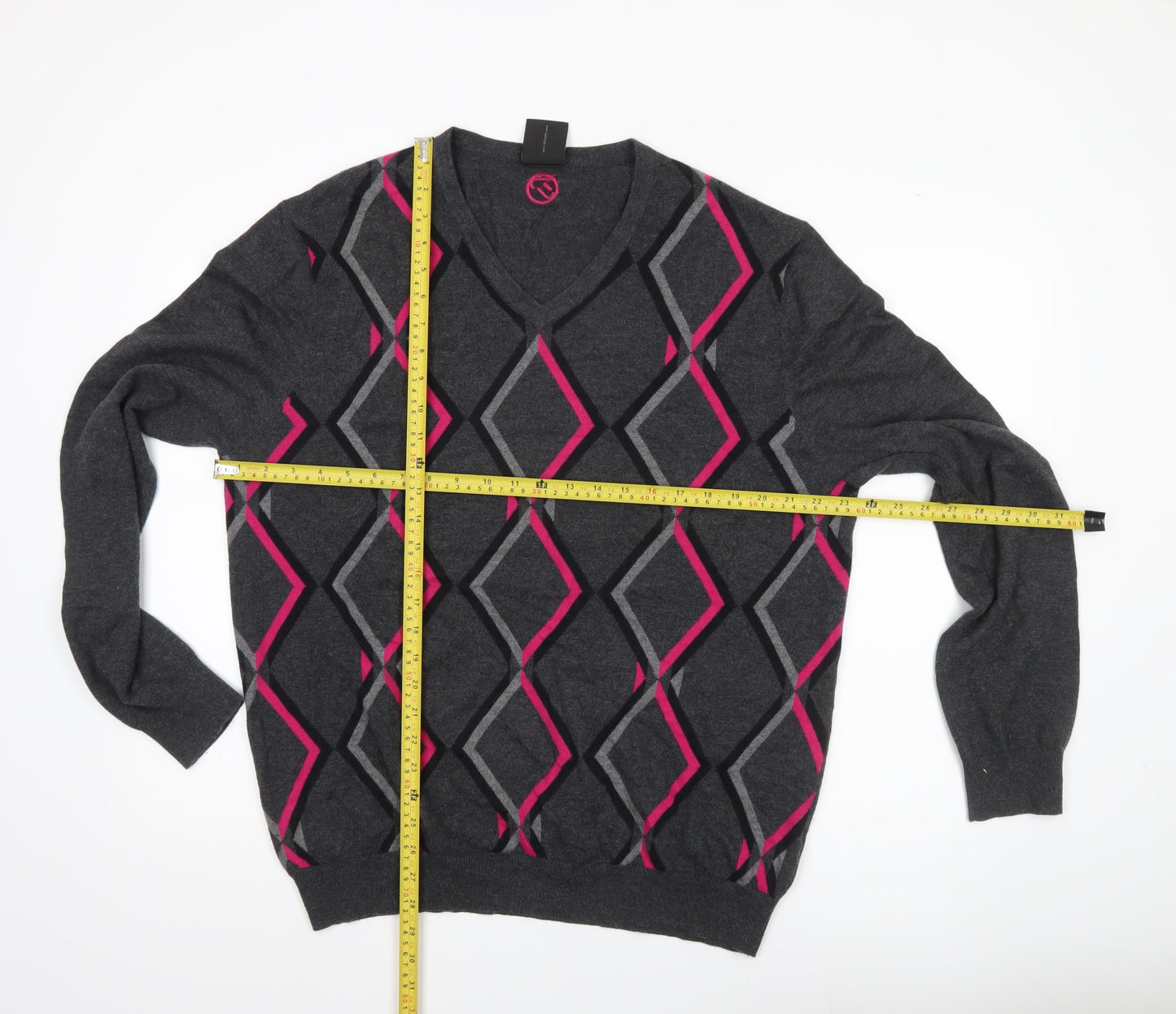 IJP Design Mens Grey XL V-Neck Argyle Pullover Jumper