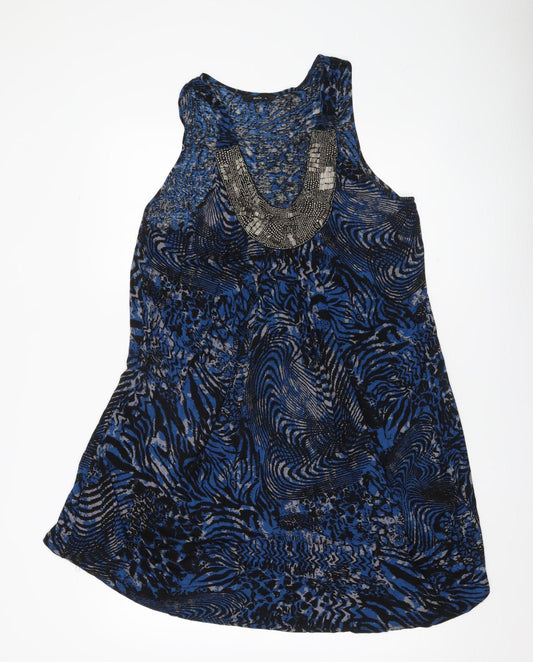M&Co Womens Blue Black Animal Print Shift Dress Size 20 Beaded Neckline