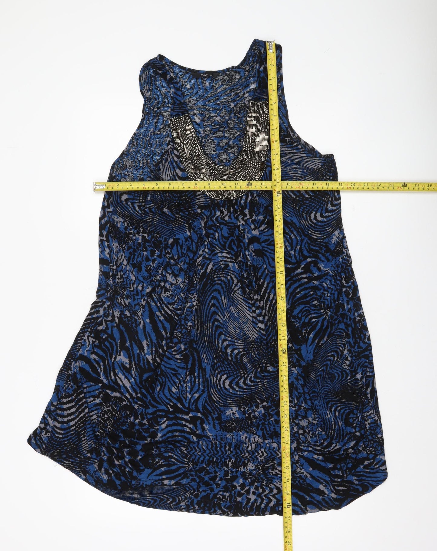 M&Co Womens Blue Black Animal Print Shift Dress Size 20 Beaded Neckline