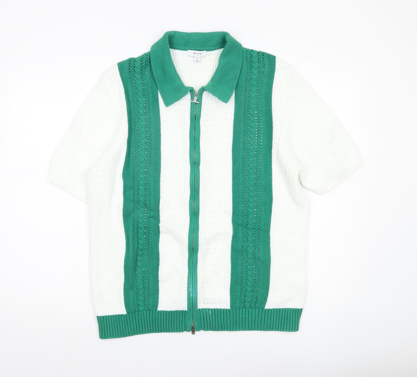 Reiss Mens XL Green White Collared Full Zip Short Sleeve Cotton Jumper