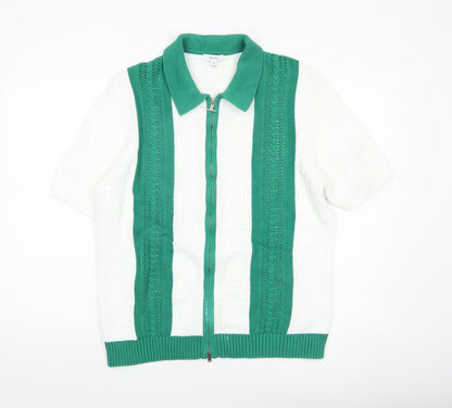 Reiss Mens XL Green White Collared Full Zip Short Sleeve Cotton Jumper