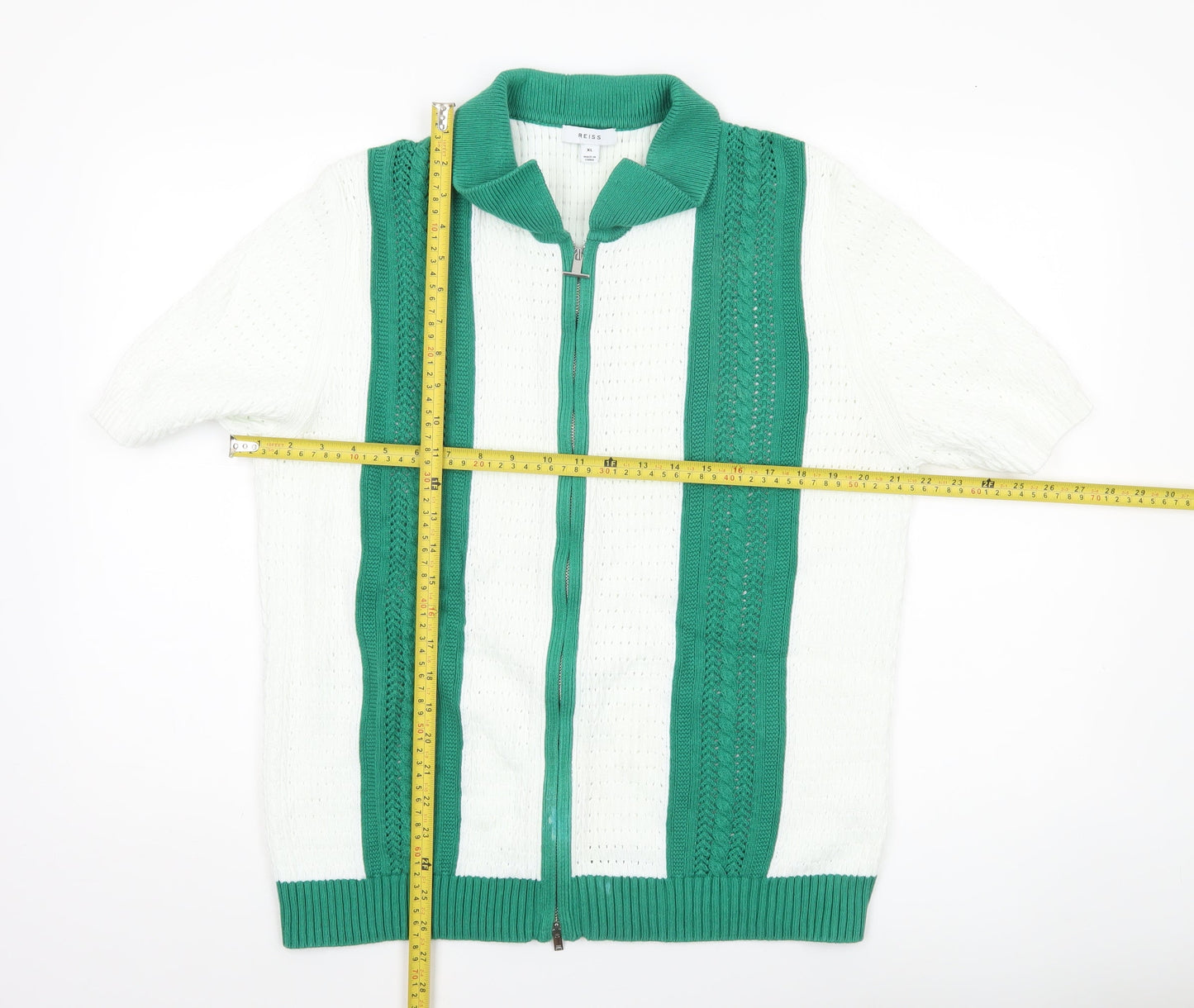 Reiss Mens XL Green White Collared Full Zip Short Sleeve Cotton Jumper