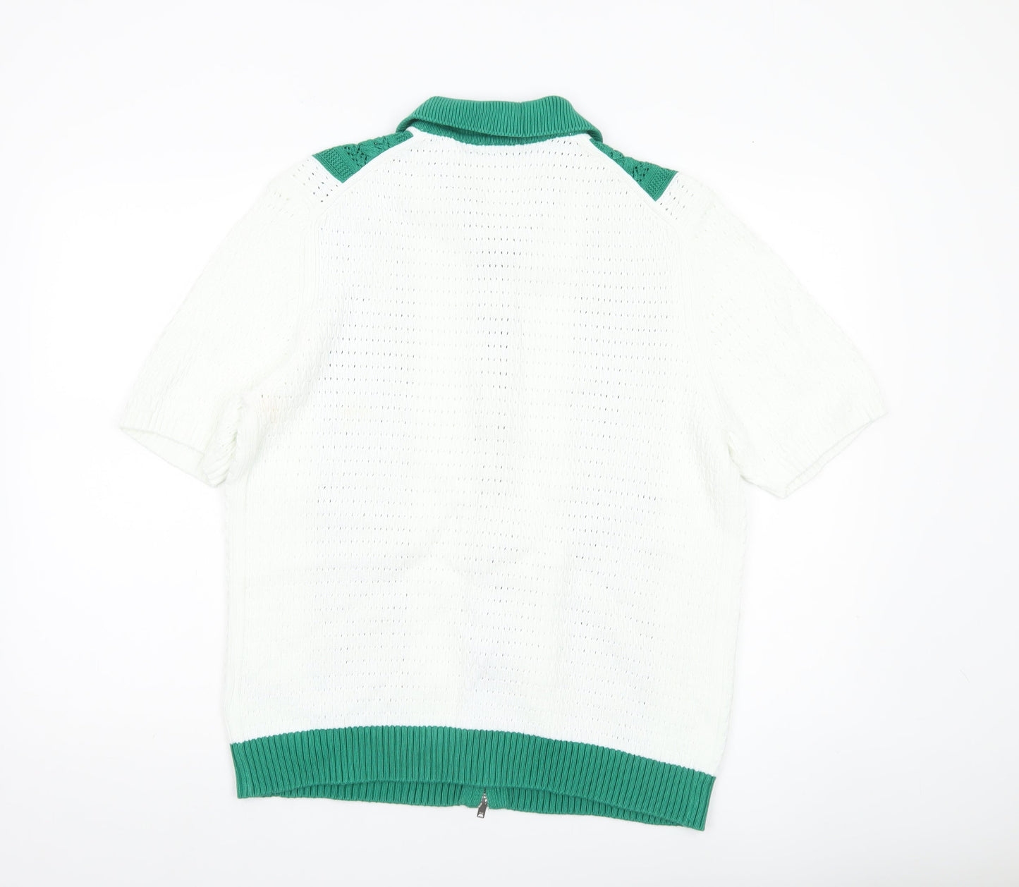 Reiss Mens XL Green White Collared Full Zip Short Sleeve Cotton Jumper