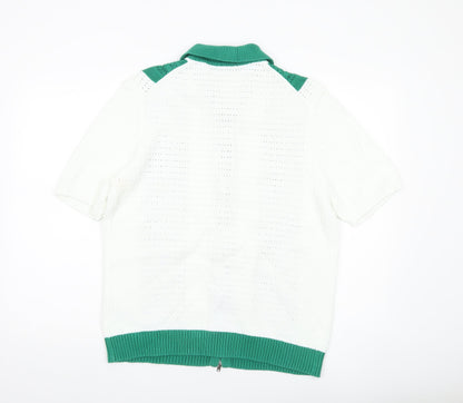 Reiss Mens XL Green White Collared Full Zip Short Sleeve Cotton Jumper
