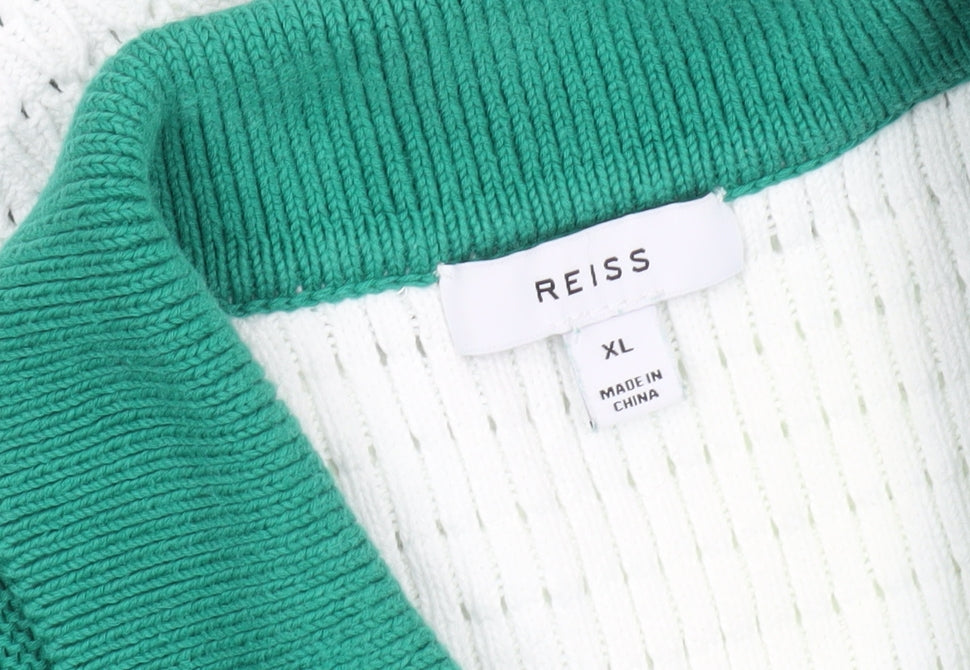 Reiss Mens XL Green White Collared Full Zip Short Sleeve Cotton Jumper