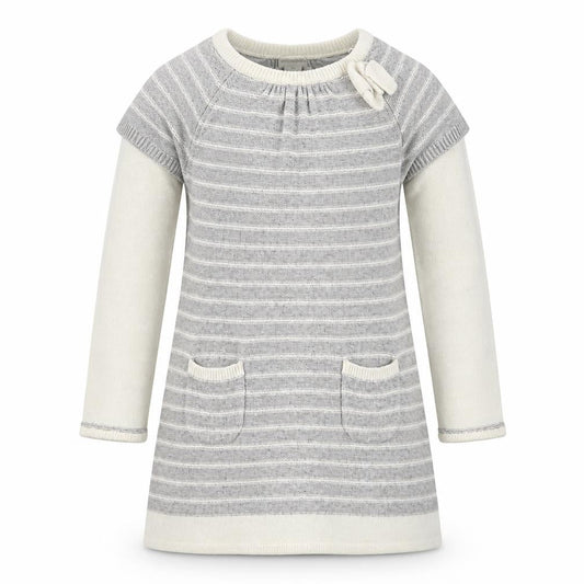 Monsoon Girls Grey Striped Tunic Jumper 7-8 Years Wool Blend Bow Detail