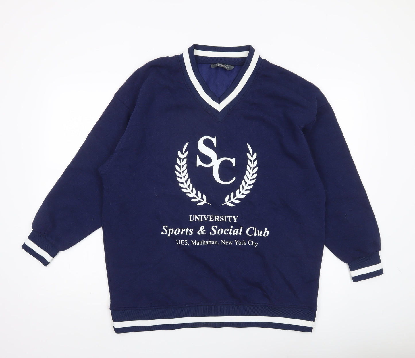 Primark Womens Navy Sweatshirt Small V-Neck University Print