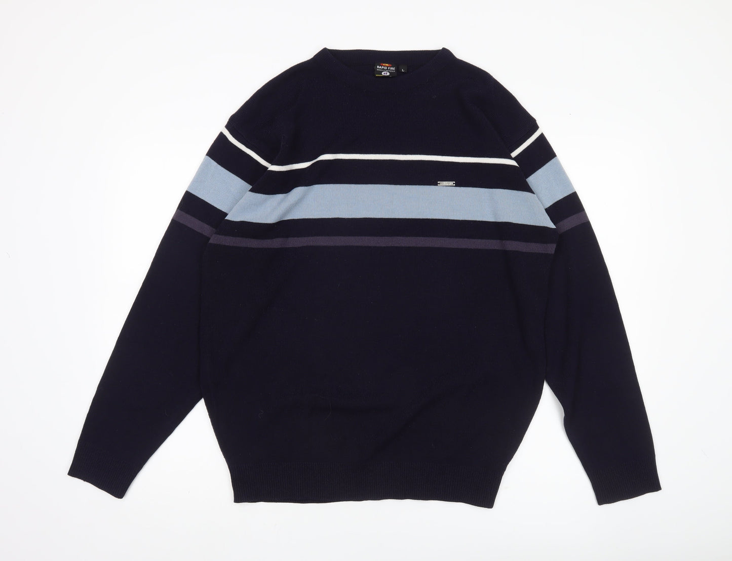 Rapid Fire Men's Blue Striped Pullover Jumper L Crew Neck Knit