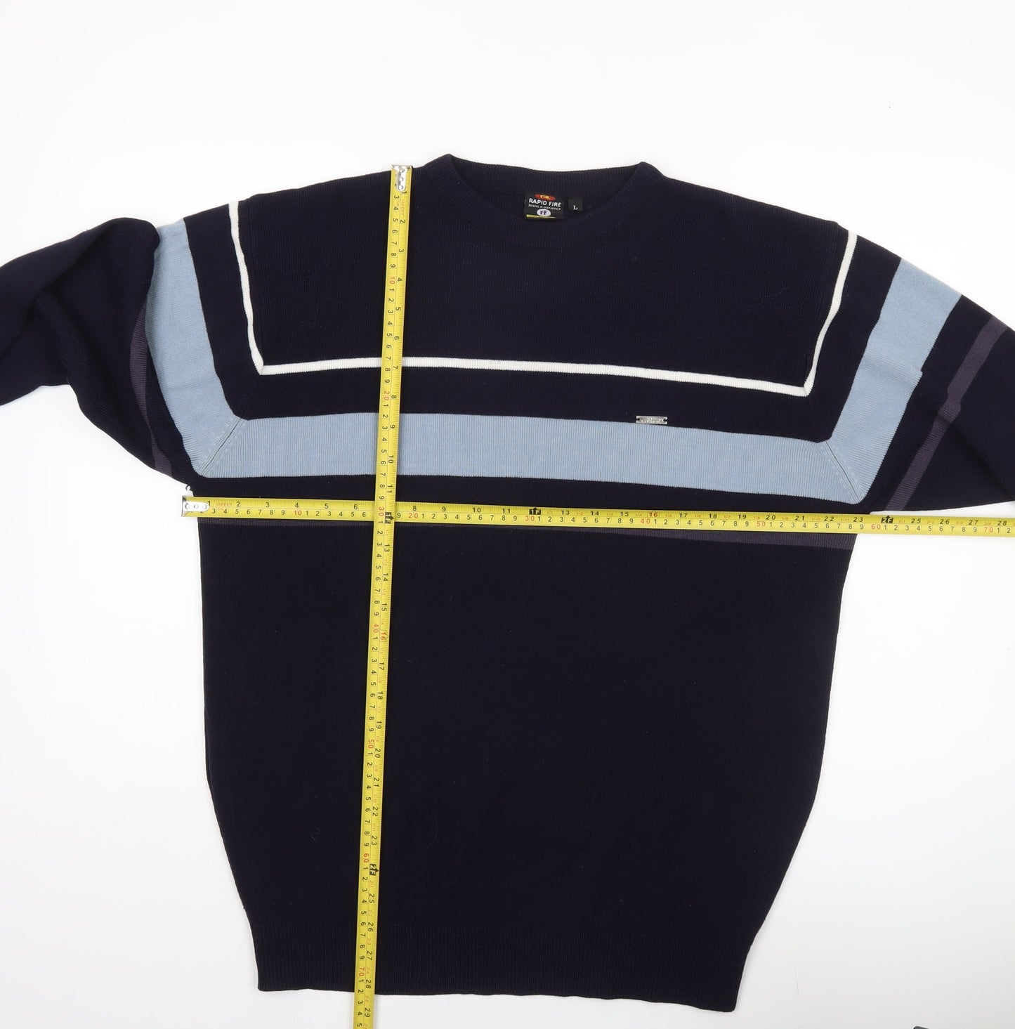 Rapid Fire Men's Blue Striped Pullover Jumper L Crew Neck Knit