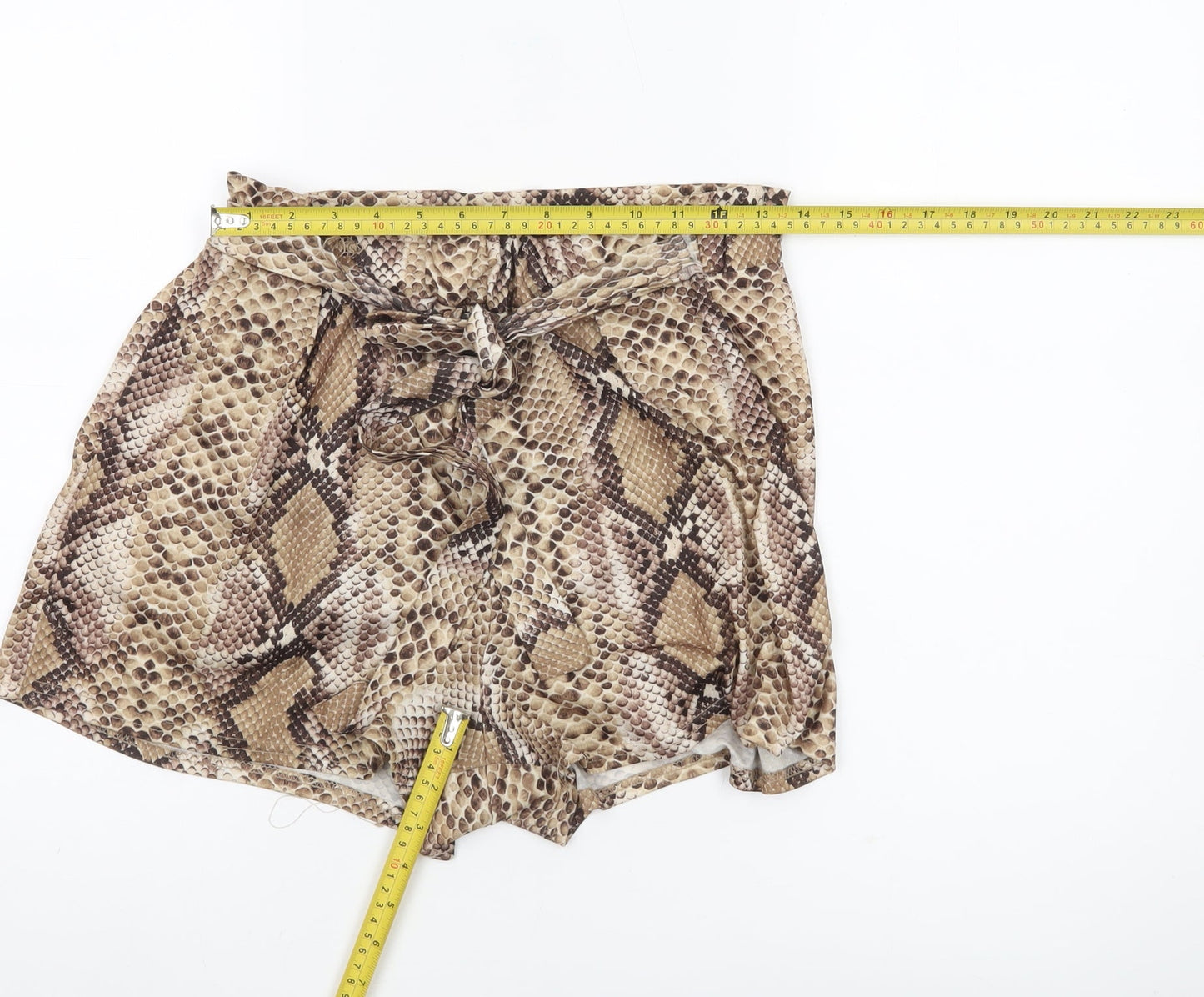 PrettyLittleThing Women’s Brown Snake Print Paperbag Shorts UK 12