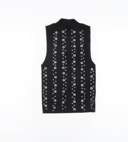 Bershka Women Black XS Studded Mock Neck Cropped Tank Top