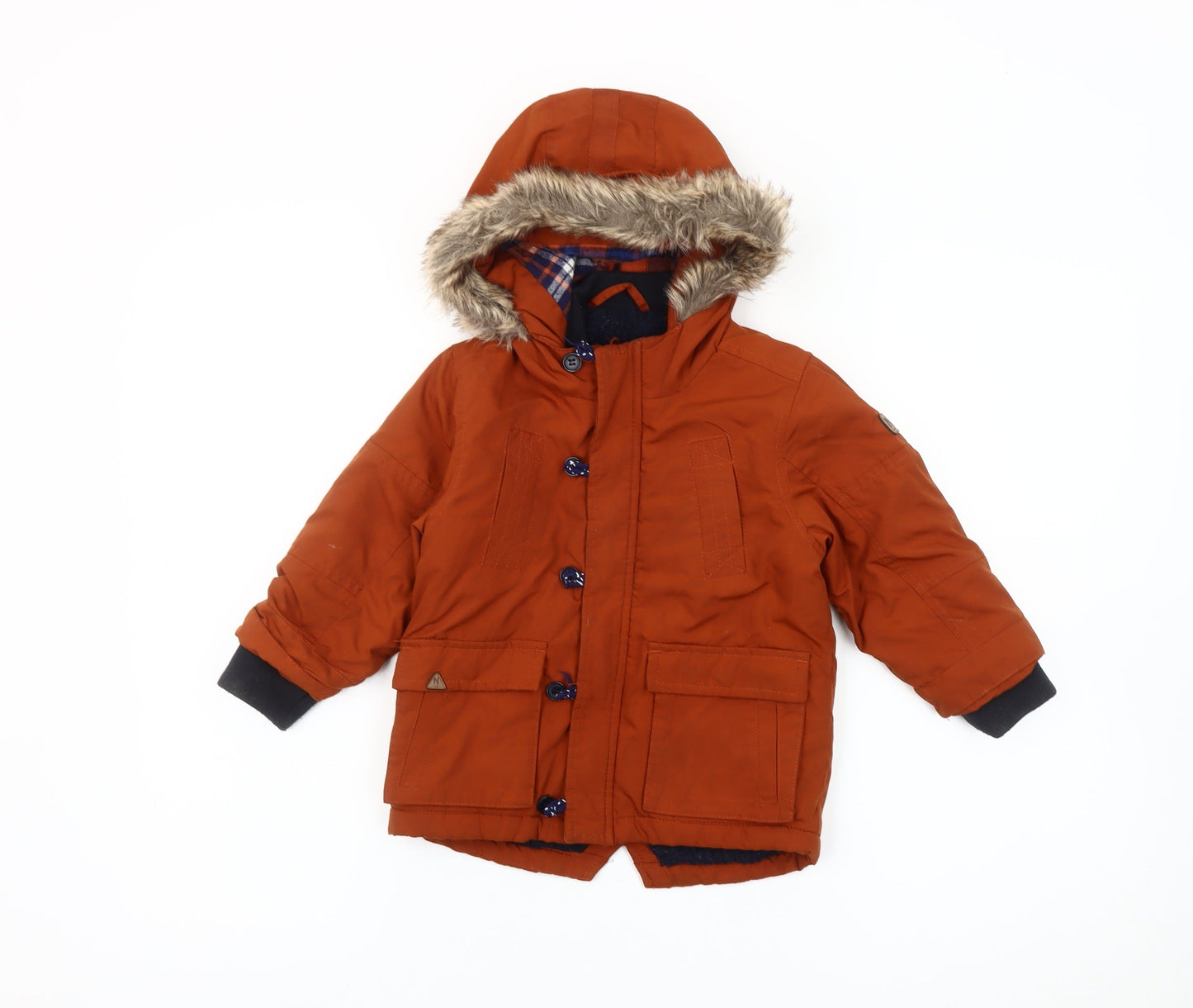 Next Boys Orange Parka Coat 18-24 Months Hooded Faux Fur Trim Winter Jacket