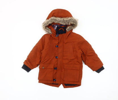 Next Boys Orange Parka Coat 18-24 Months Hooded Faux Fur Trim Winter Jacket