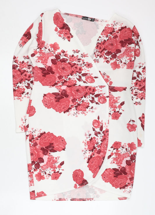 Boohoo Womens White Red Floral Wrap Dress Size 18 V-Neck Long Sleeve