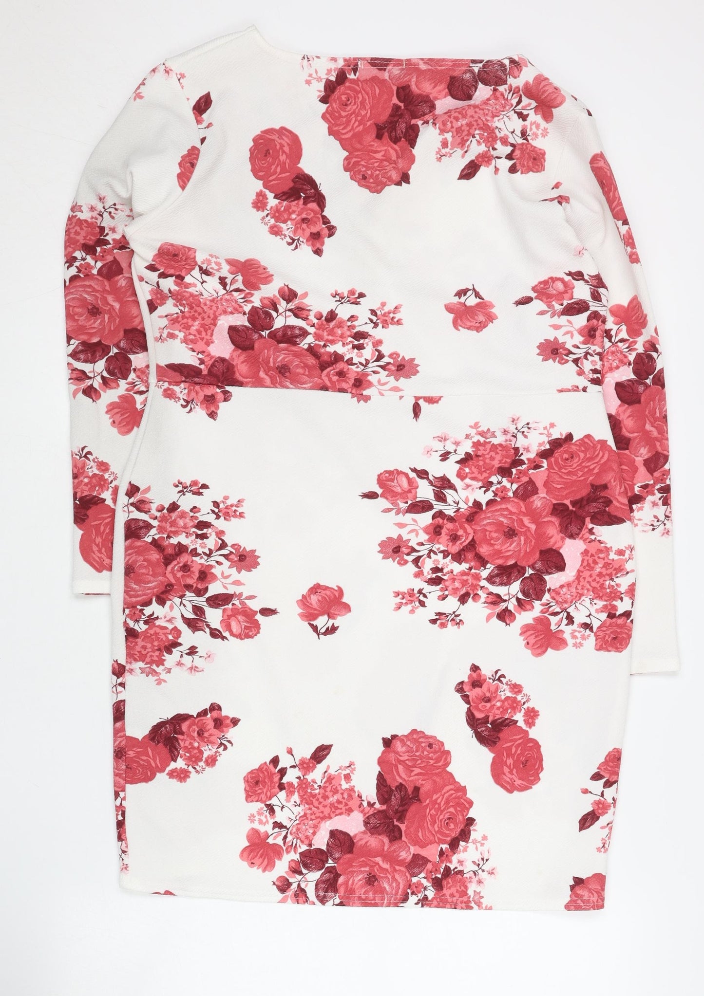Boohoo Womens White Red Floral Wrap Dress Size 18 V-Neck Long Sleeve