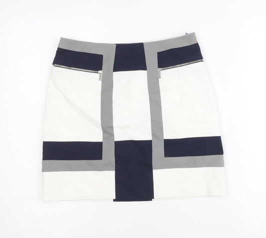 Karen Millen Women’s Geometric Short Pencil Skirt UK 10 White Grey Blue