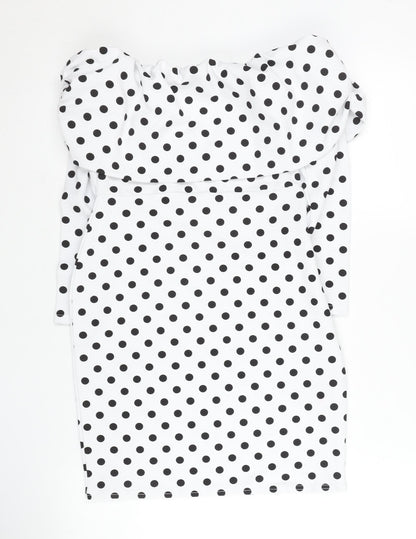 PrettyLittleThing Women White Polka Dot Bodycon Dress UK 10 Off Shoulder