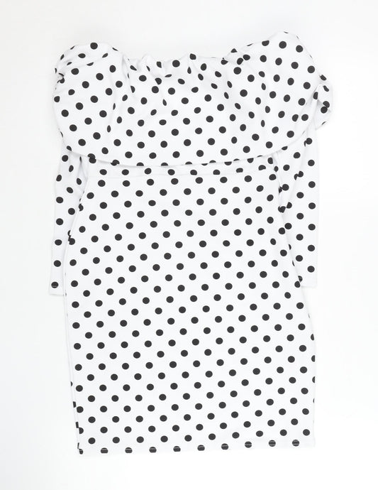 PrettyLittleThing Women White Polka Dot Bodycon Dress UK 10 Off Shoulder