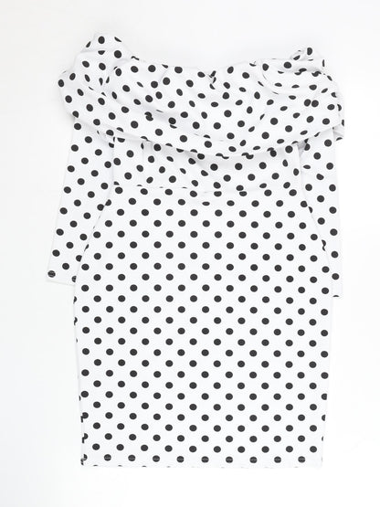 PrettyLittleThing Women White Polka Dot Bodycon Dress UK 10 Off Shoulder