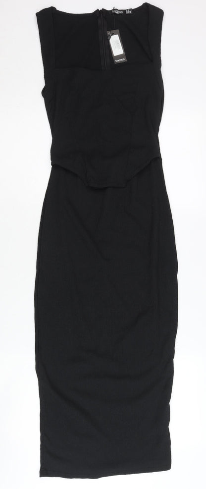 Boohoo Women’s Black Bodycon Midi Dress Size 12 Scoop Neck Sleeveless