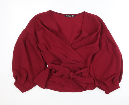 Boohoo Women Red Wrap Blouse UK 8 Long Sleeve Belted Party Top