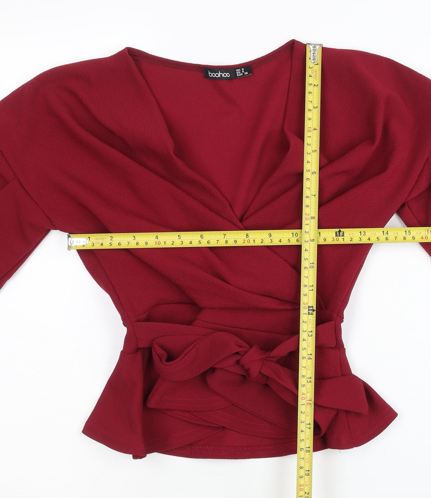 Boohoo Women Red Wrap Blouse UK 8 Long Sleeve Belted Party Top