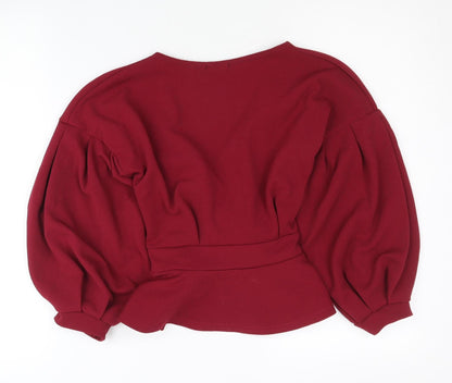 Boohoo Women Red Wrap Blouse UK 8 Long Sleeve Belted Party Top