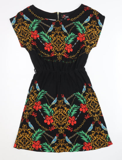Yumi Women’s Black Floral Tropical A-Line Dress UK 10