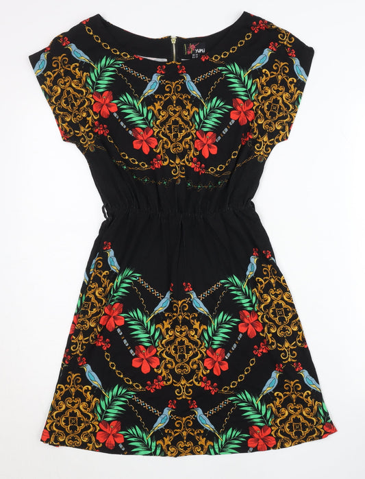 Yumi Women’s Black Floral Tropical A-Line Dress UK 10